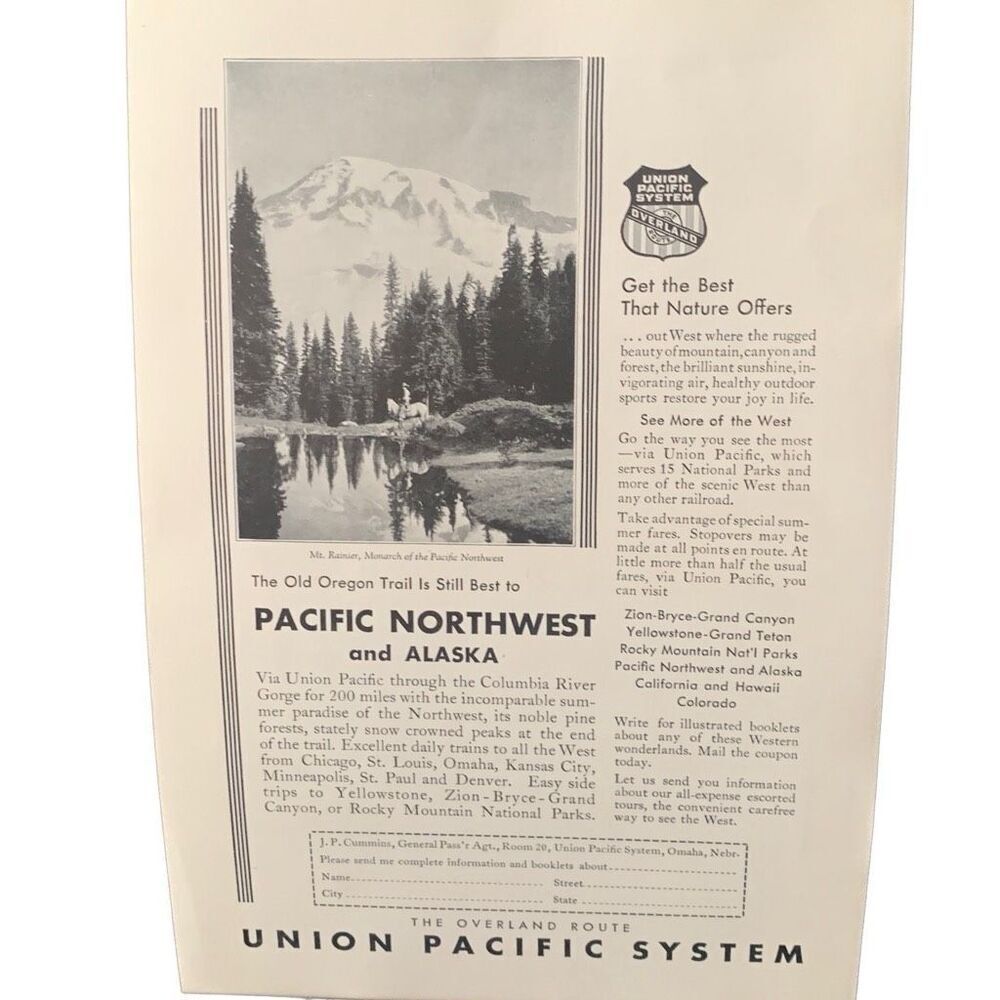Vintage 1931 Union Pacific Rail Old Oregon Trail Ad Advertisement